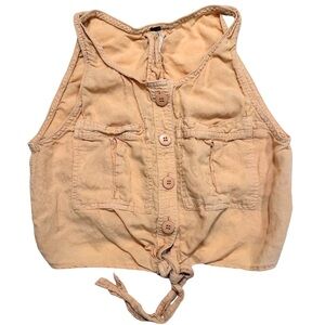 Free People Women’s Linen Crop Tie Top, Peach, XS